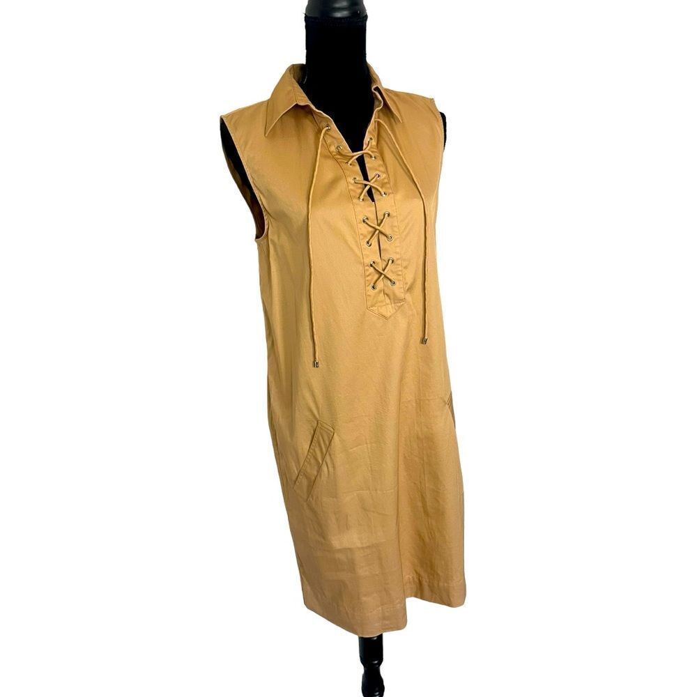 LAUREN RALPH LAUREN KHAKI SHIFT SLEEVELESS LACE UP COLLARED DRESS WOMENS‎ SIZE M
